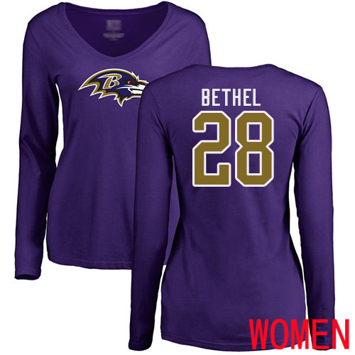 Baltimore Ravens Purple Women Justin Bethel Name and Number Logo NFL Football #28 Long Sleeve T Shirt->women nfl jersey->Women Jersey
